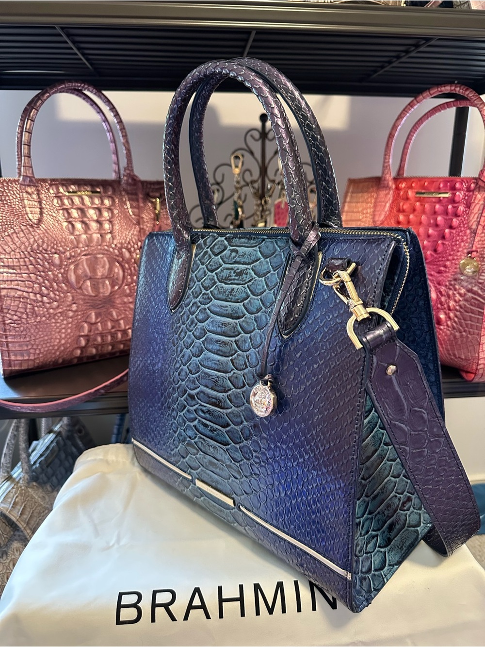 Brahmin Sapphire Blue Iridescent Blue/ Green and Purple Croc-Embossed Satchel